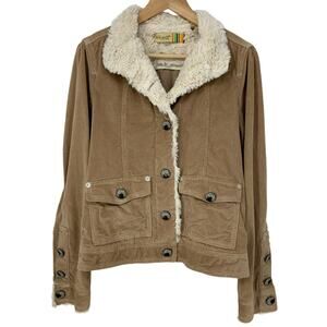 True Grit Corduroy Faux Fur Button Front Jacket Size S Tan Retro Flap Pockets